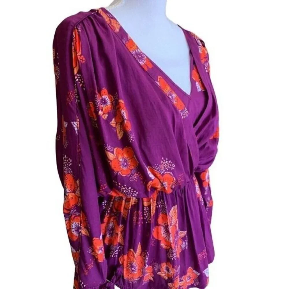 Free People Womens Top XS Tuscan Dreams Purple Orange Floral Tab Roll Sleeves - Picture 3 of 12
